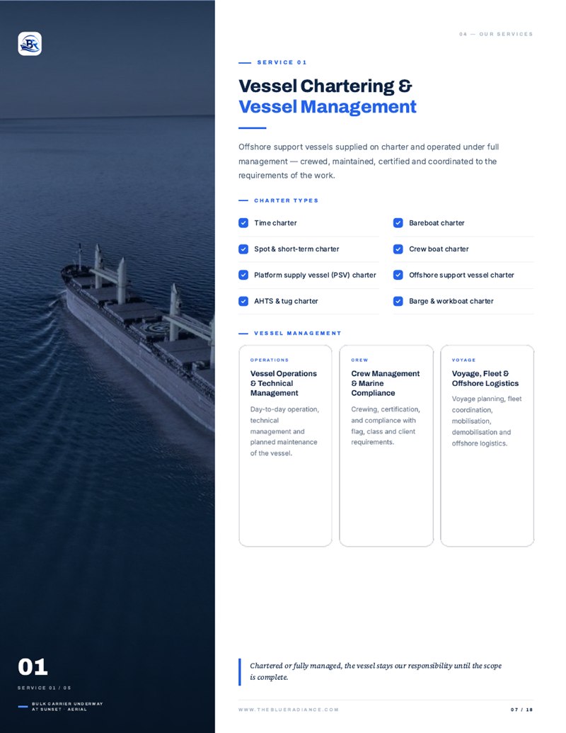 Profile page detailing vessel chartering and vessel management